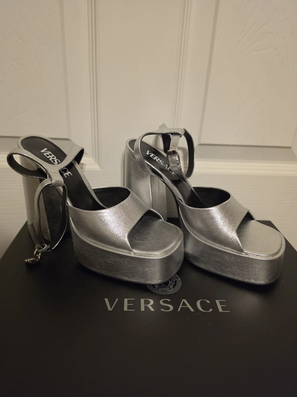 Versace Metallic Silver Platform Block-Heel Sandals 37